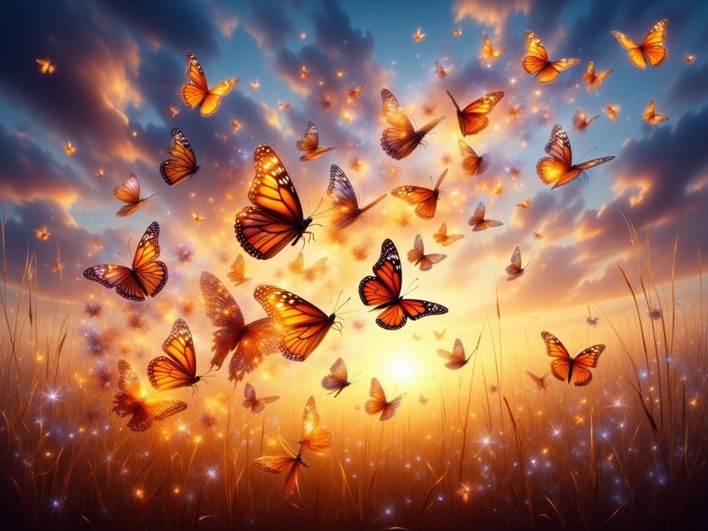 Monarch Butterflies Spiraling in Luminous Meadow