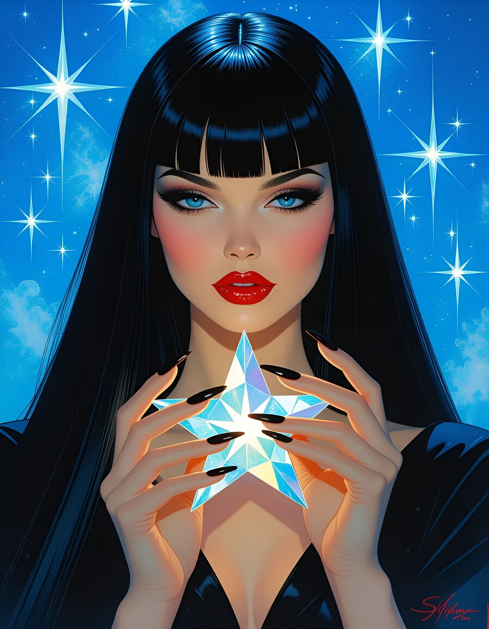 Ethereal Portrait with Crystal Star in Blue Landscape