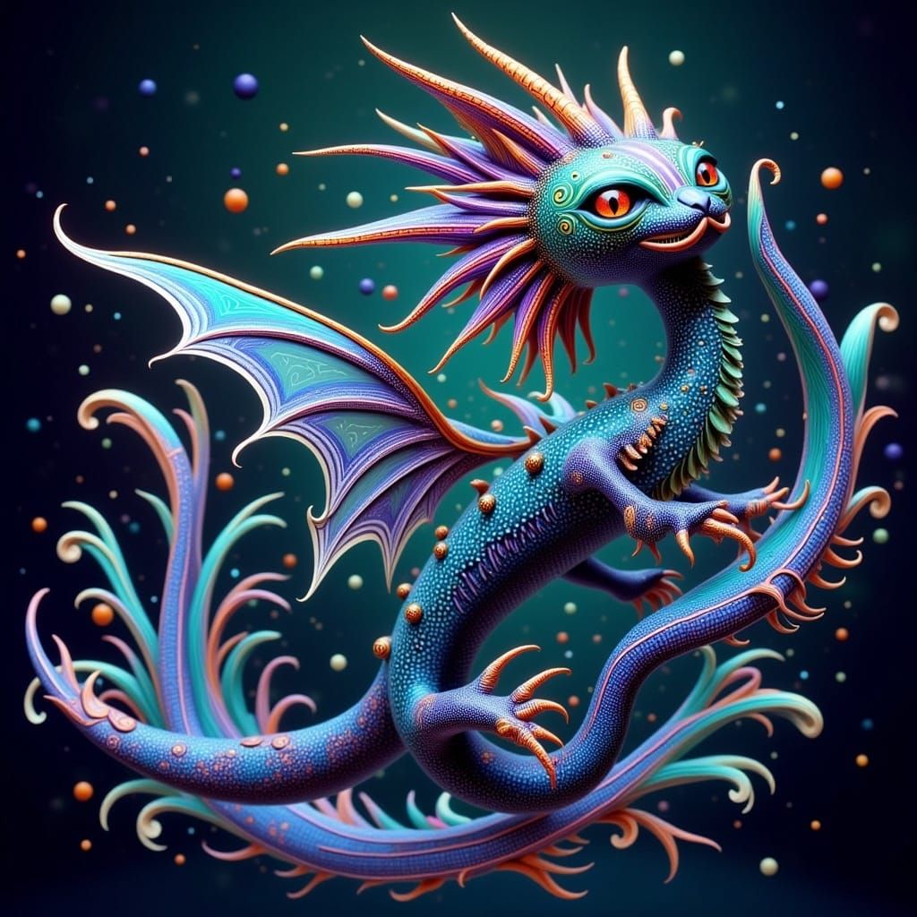 Iridescent Cat-Dragon-Fish Hybrid Creature