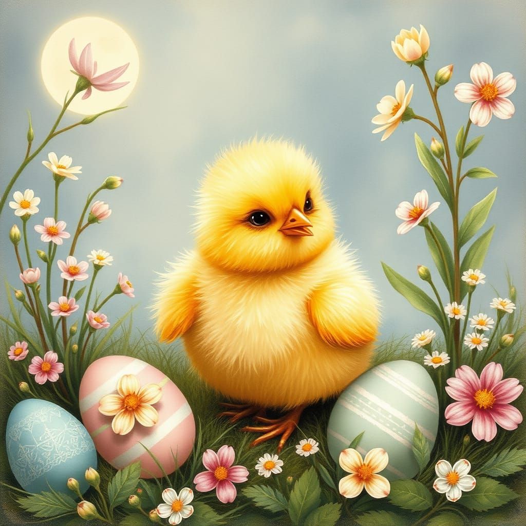 Whimsical Easter Chick in a Moonlit Garden
