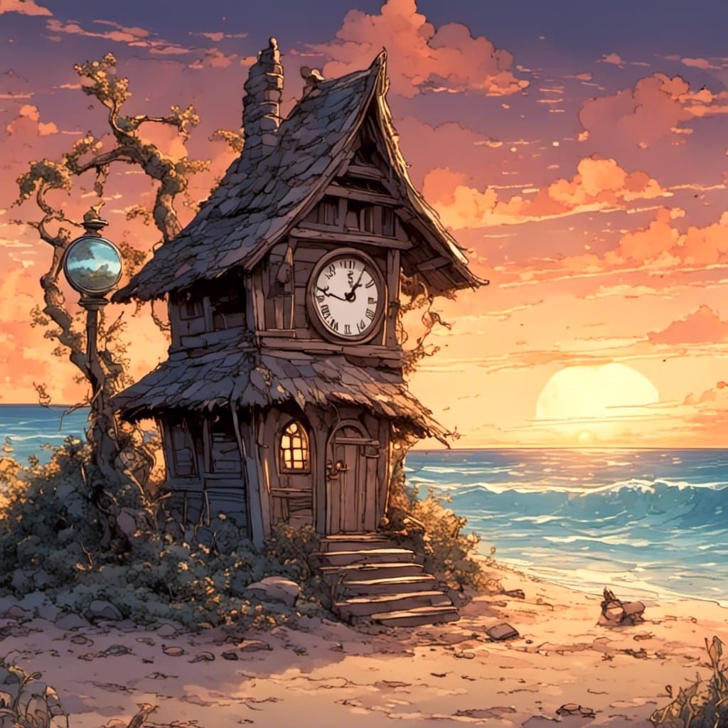 Twilight Beach Hut in Anime Style