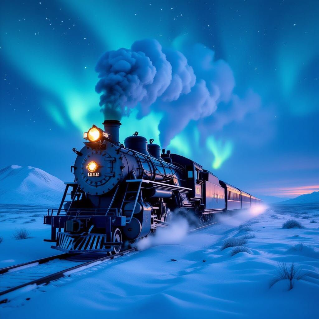 Ancient Steam Train in Arctic Aurora Landscape