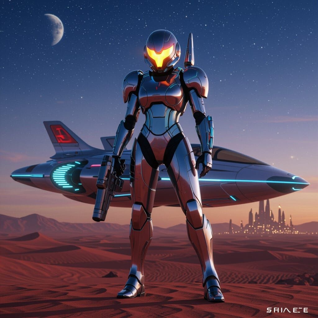 Samus Aran Power Suit and Spaceship in Retro-Futuristic Styl...