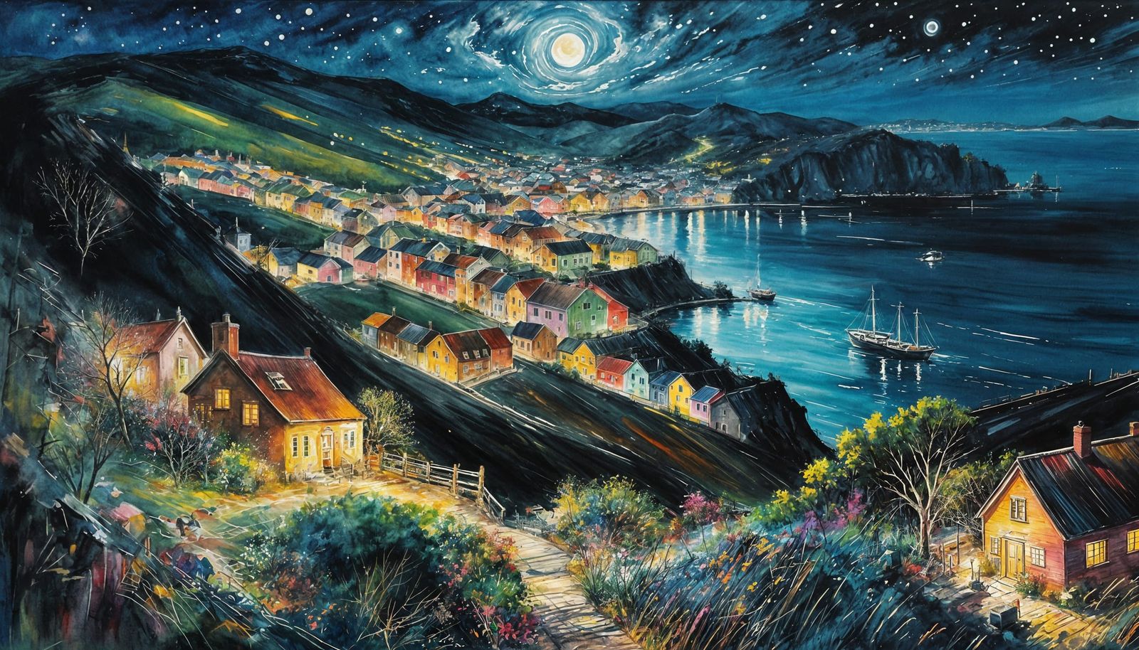 Stunning Nighttime Hilly Landscape with Sea and Stars