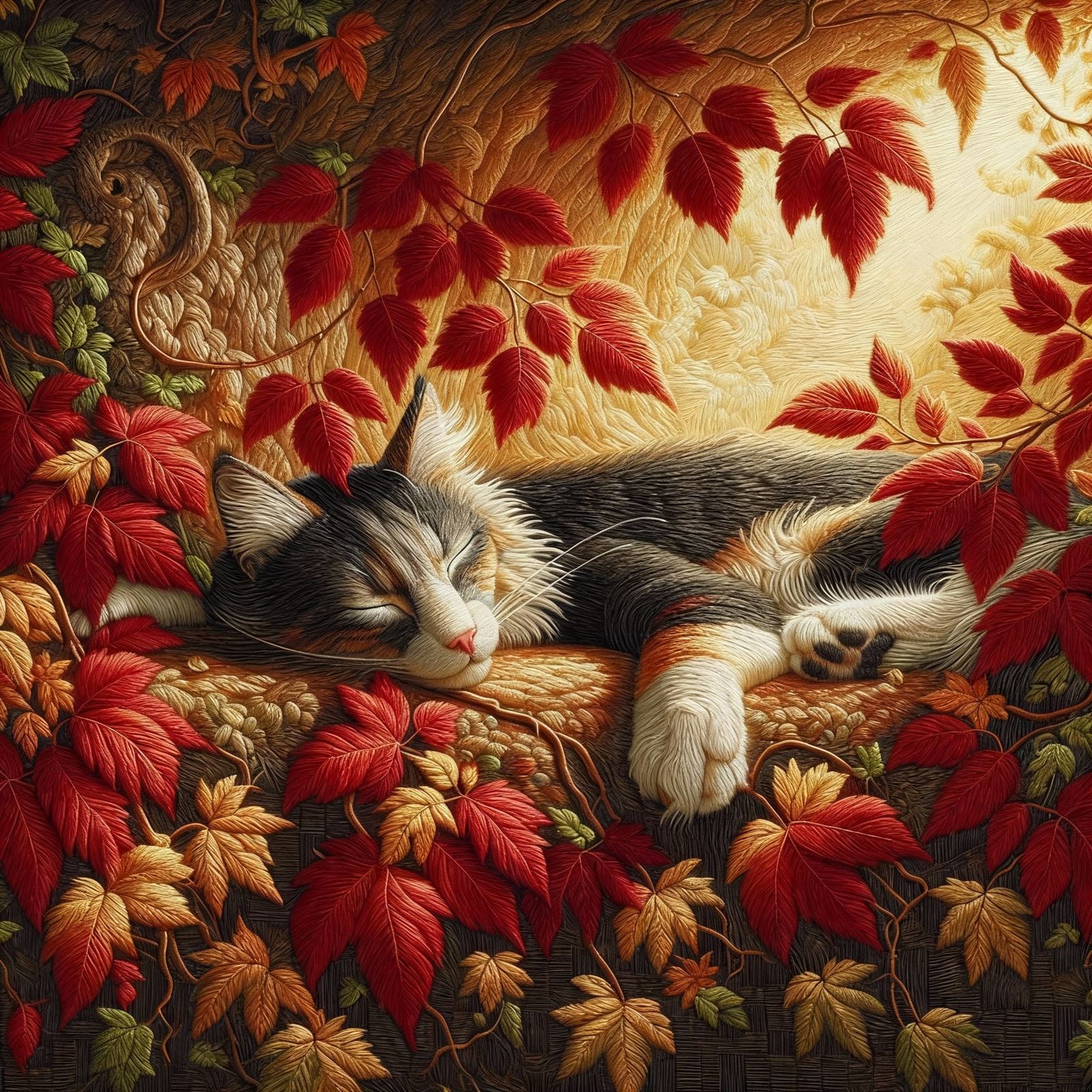 Majestic Embroidered Cat Sleeps Amidst Autumn Leaves
