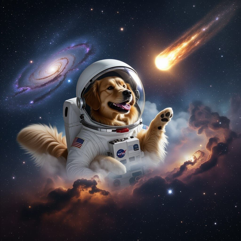 Golden Retriever Astronaut Batting Comet in Cosmic Nebula