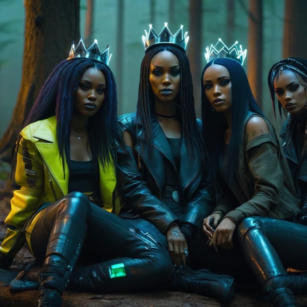 Cyberpunk Queen and Her Entourage in Neon Forest