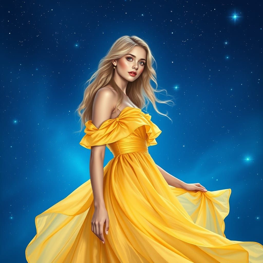 Ethereal Blonde Goddess Shines in Celestial Yellow Gown