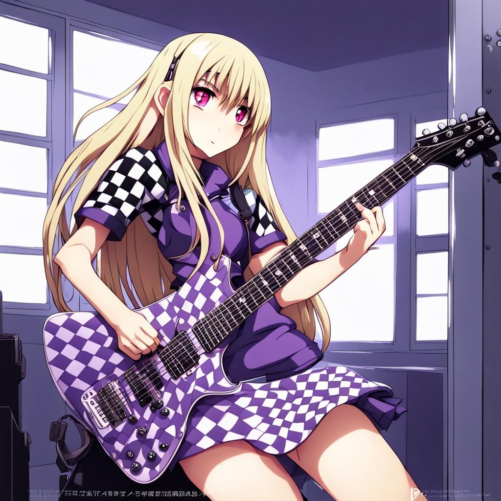 Blonde Anime Girl Playing Guitar in Manga Style