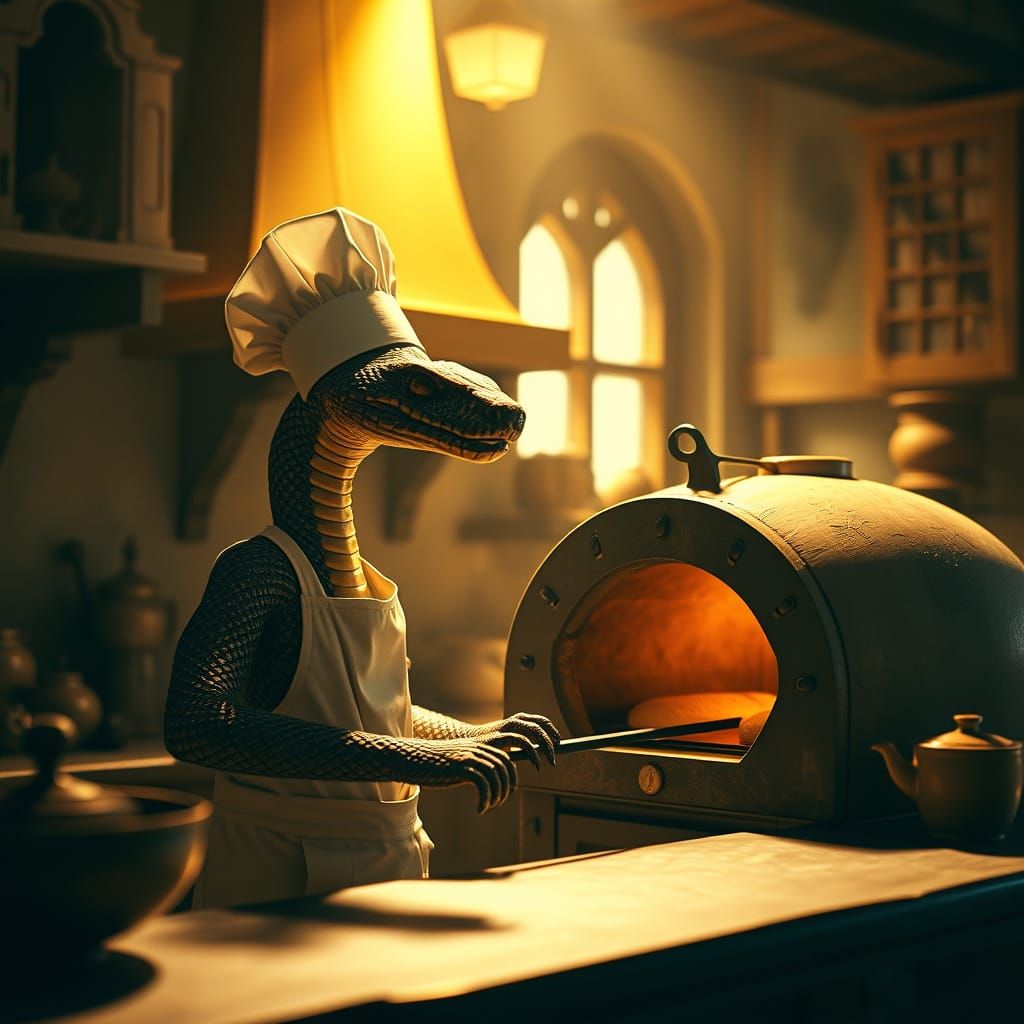 Snake Chef in Manor Kitchen, Hyperrealistic Cinematic Style