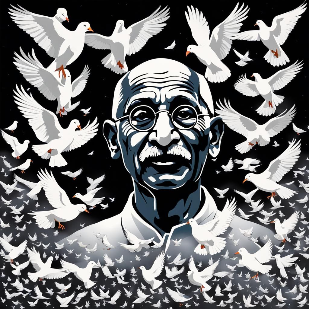 Gandhi with Doves on Black Velvet