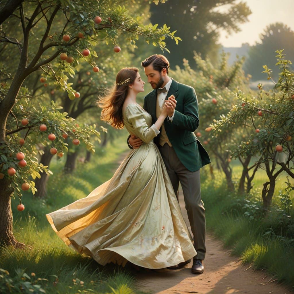 A serene apple orchard at dusk, with a couple waltzing gracefully amidst the swaying trees, their figures softly illumin...