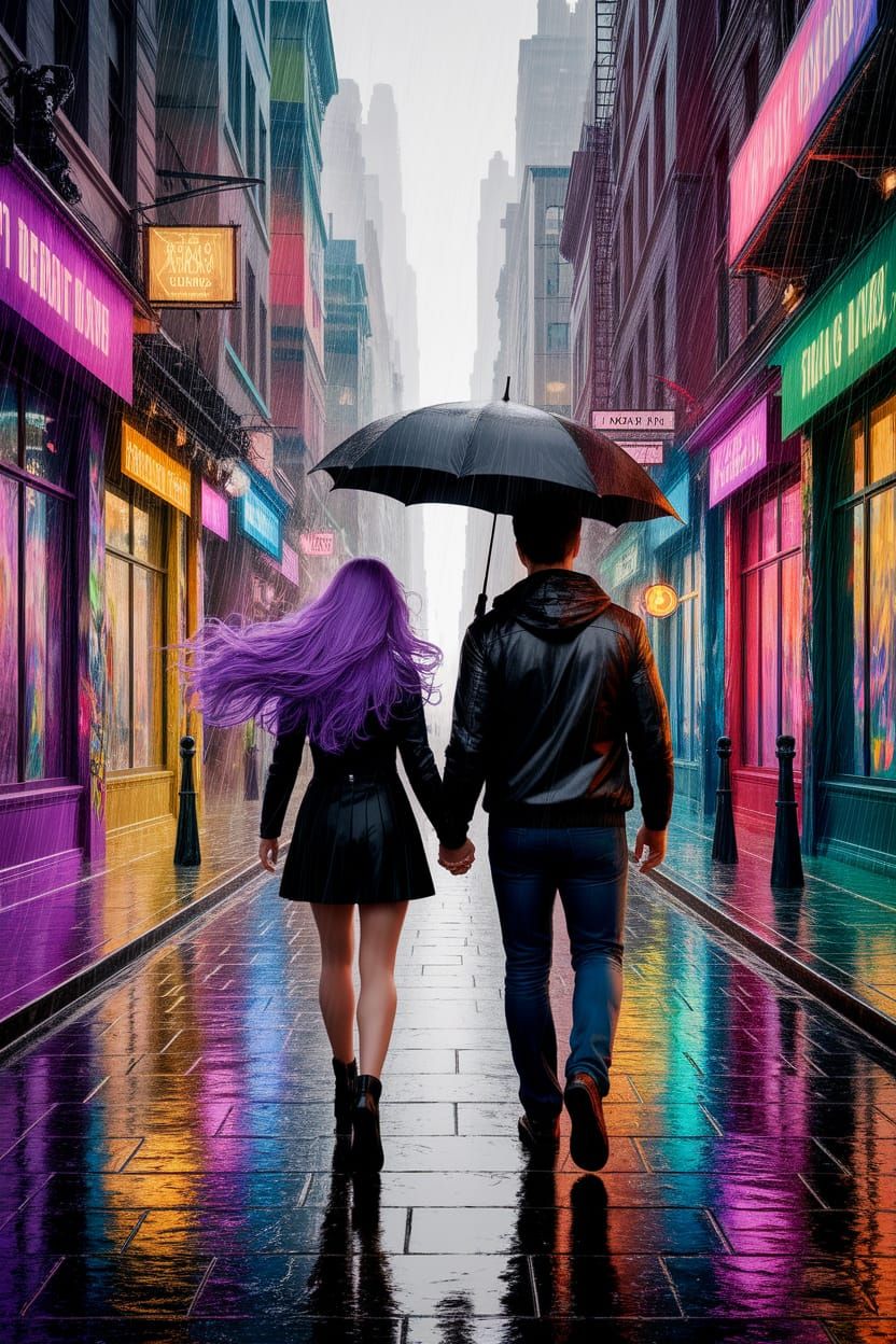 Couple Embracing in a Vibrant, Rainy Cityscape