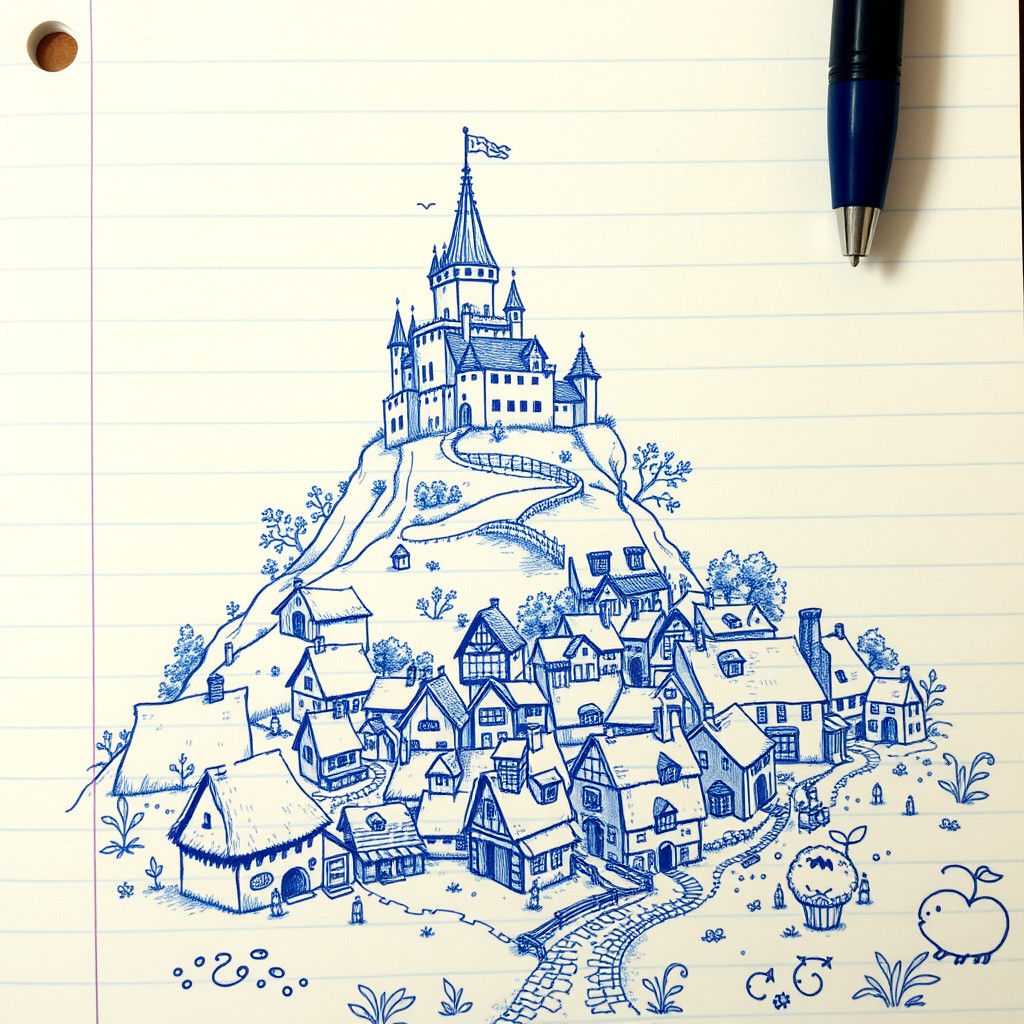 Quaint Castle and Village in Whimsical Ink Drawing