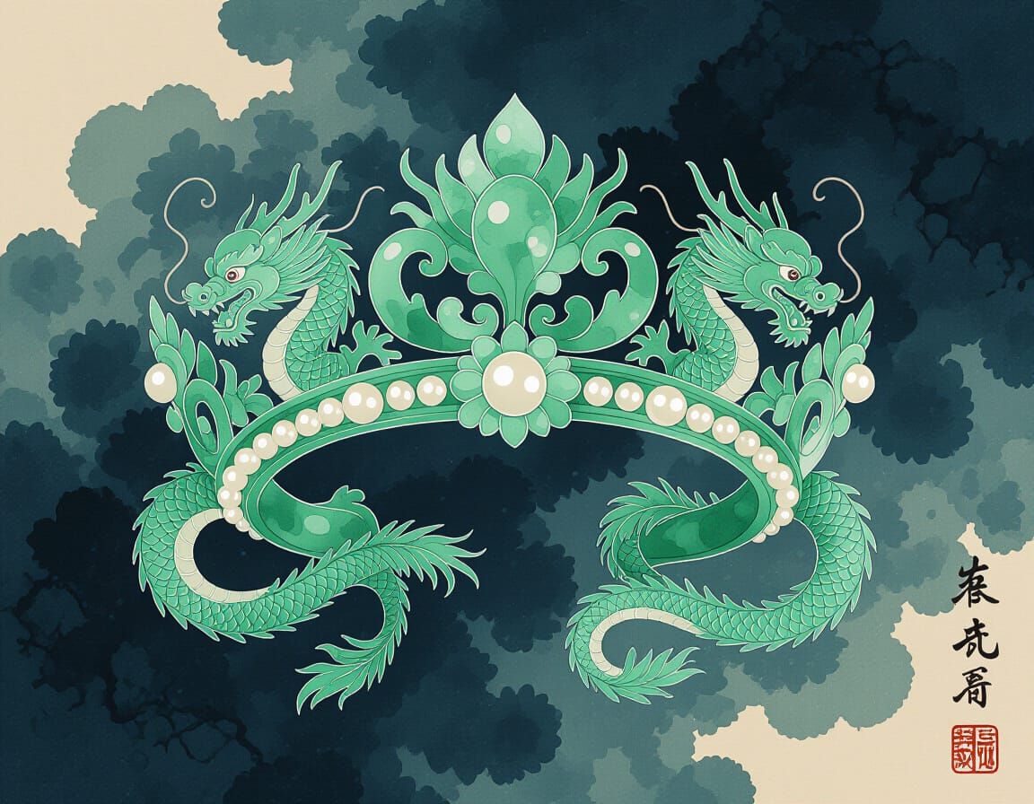 Mythical Jade Dragon Crown in Luminous Ink-Wash