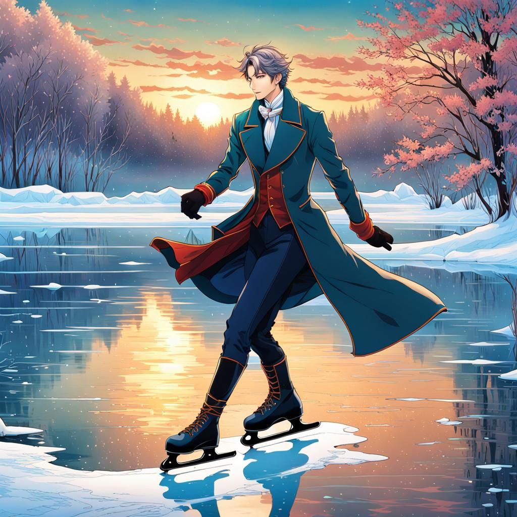 elegant man ice skating on a frozen lake
