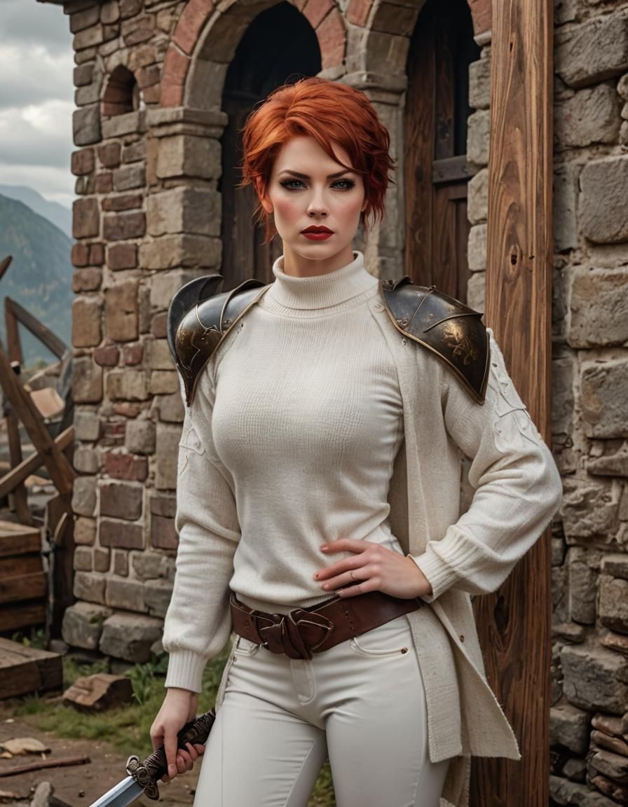 Hyperrealistic portrait of Fighter , muscular, luxurious red pixie cut hair, black eyeliner, red lips, white sweater, br...