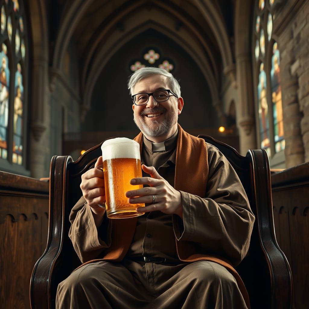 Jovial Pastor Savoring Beer in a Cozy Church