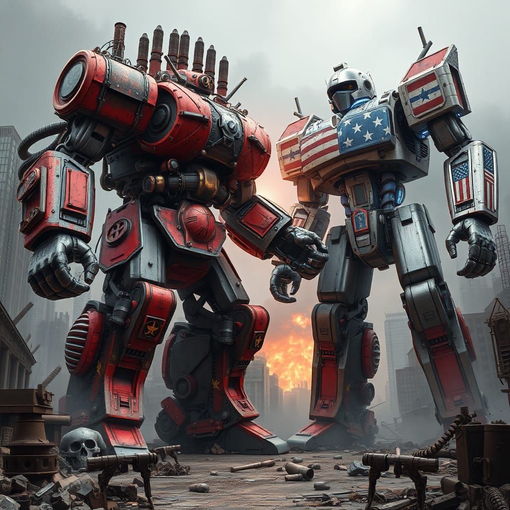 Soviet vs. American Mechs in Dystopian Cityscape