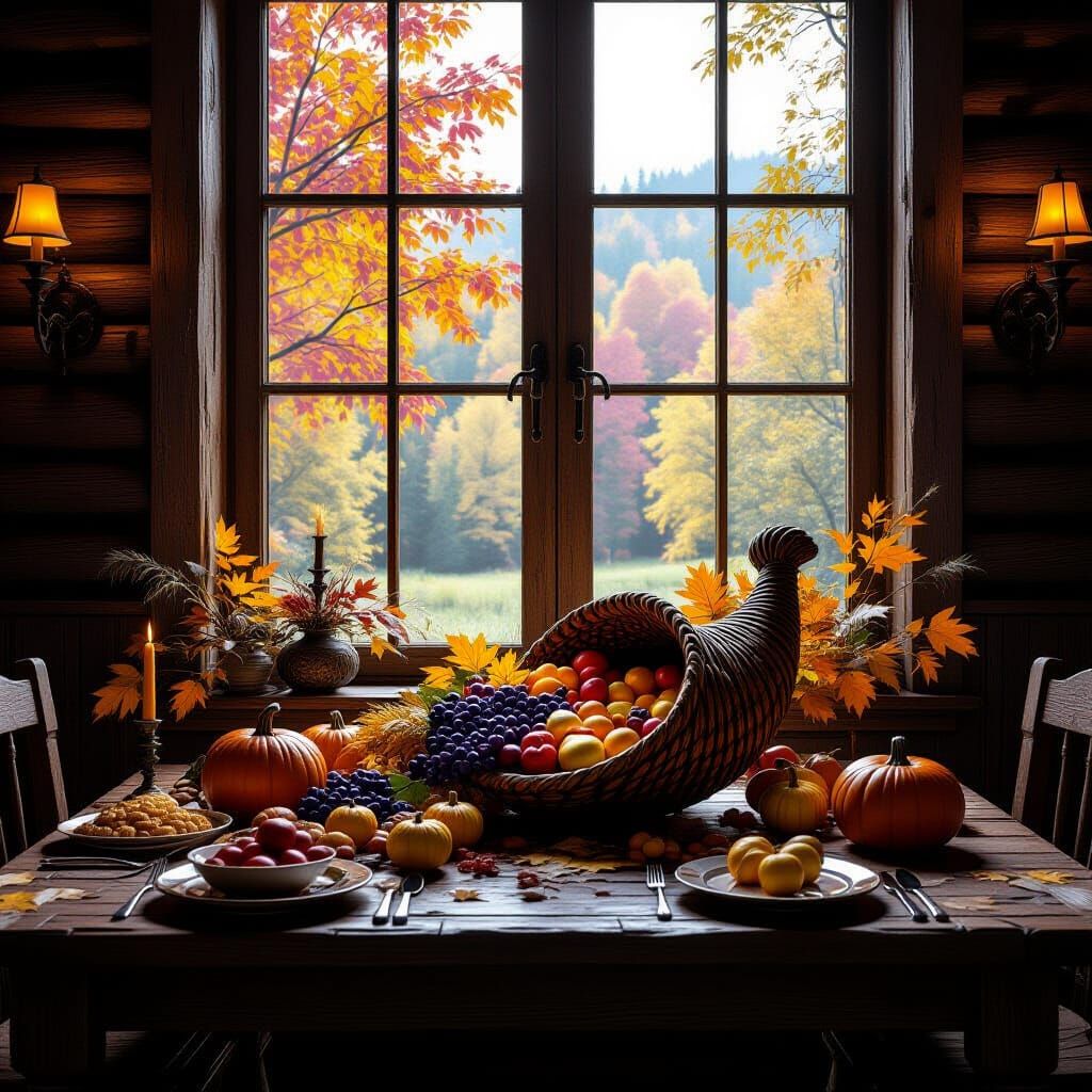Autumn Harvest Dining Room Scene with Forest View