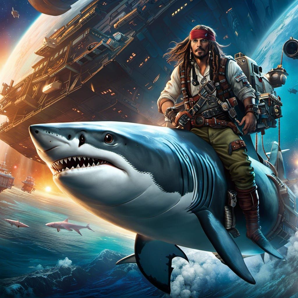 Shark Space Pirate Boards Freighter in Hyper-Realistic Style