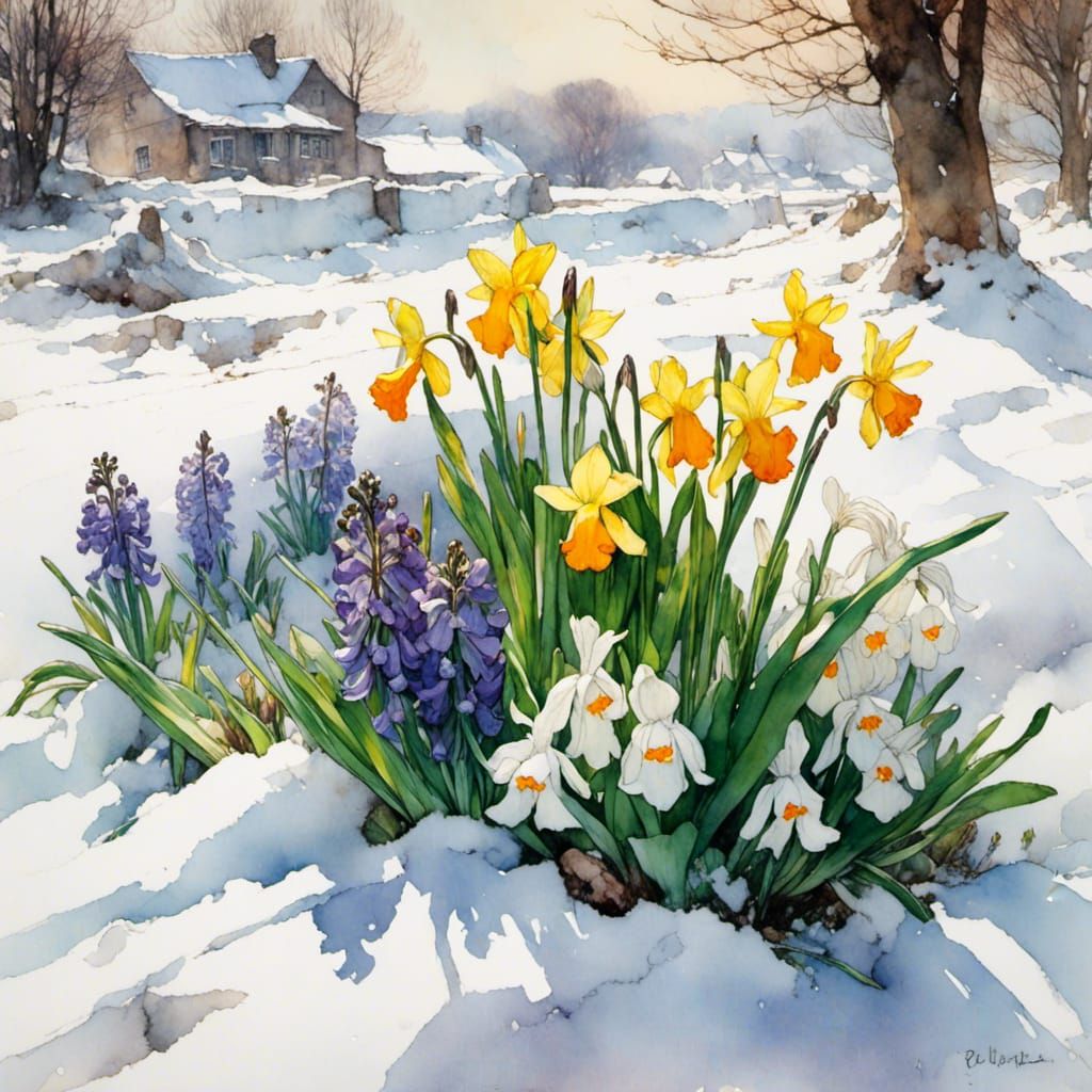 Spring Flowers Bloom Through Snow in Photorealistic Style