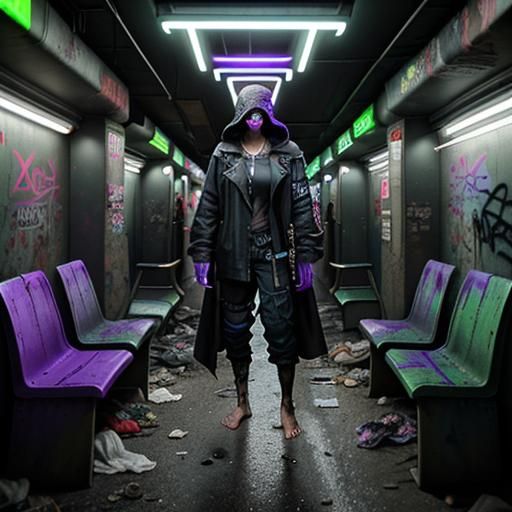 Gritty Cyberpunk Figure Stands Beside Scantily Clad Woman in...