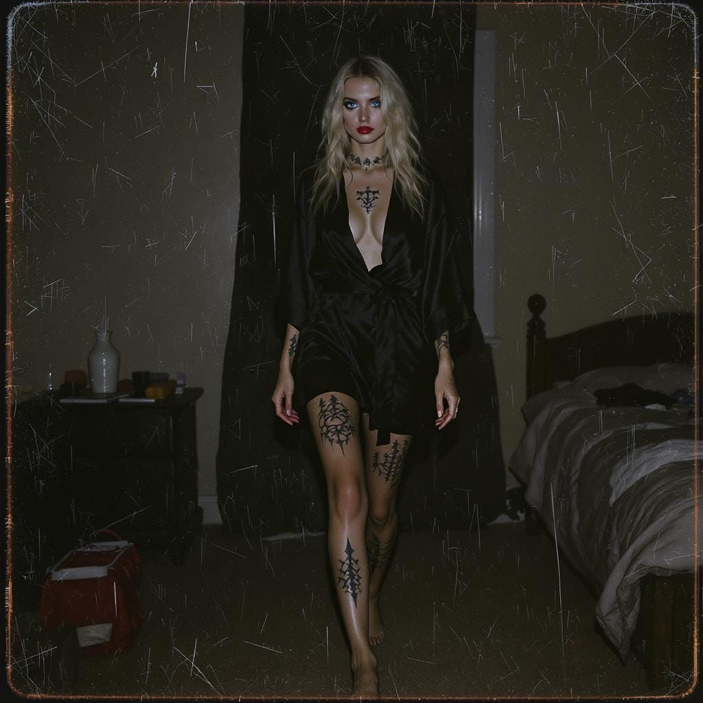 Blonde Woman with Tattoos in Softly Lit Bedroom