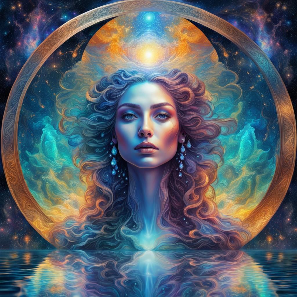 Ethereal Woman Reflected in Water: Holographic Astral Illust...