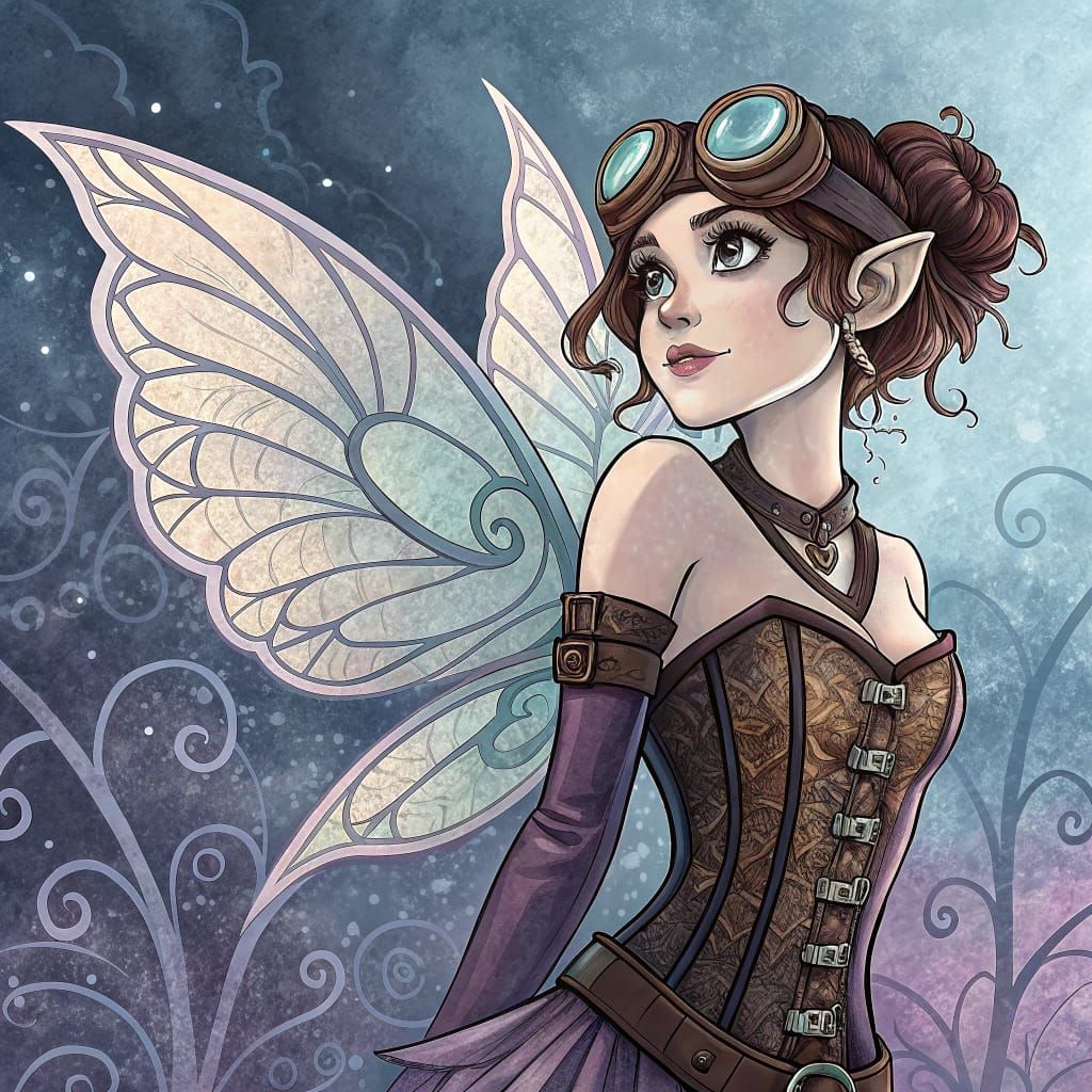 Steampunk Fairy in Chibi Style with Double Exposure Backgrou...
