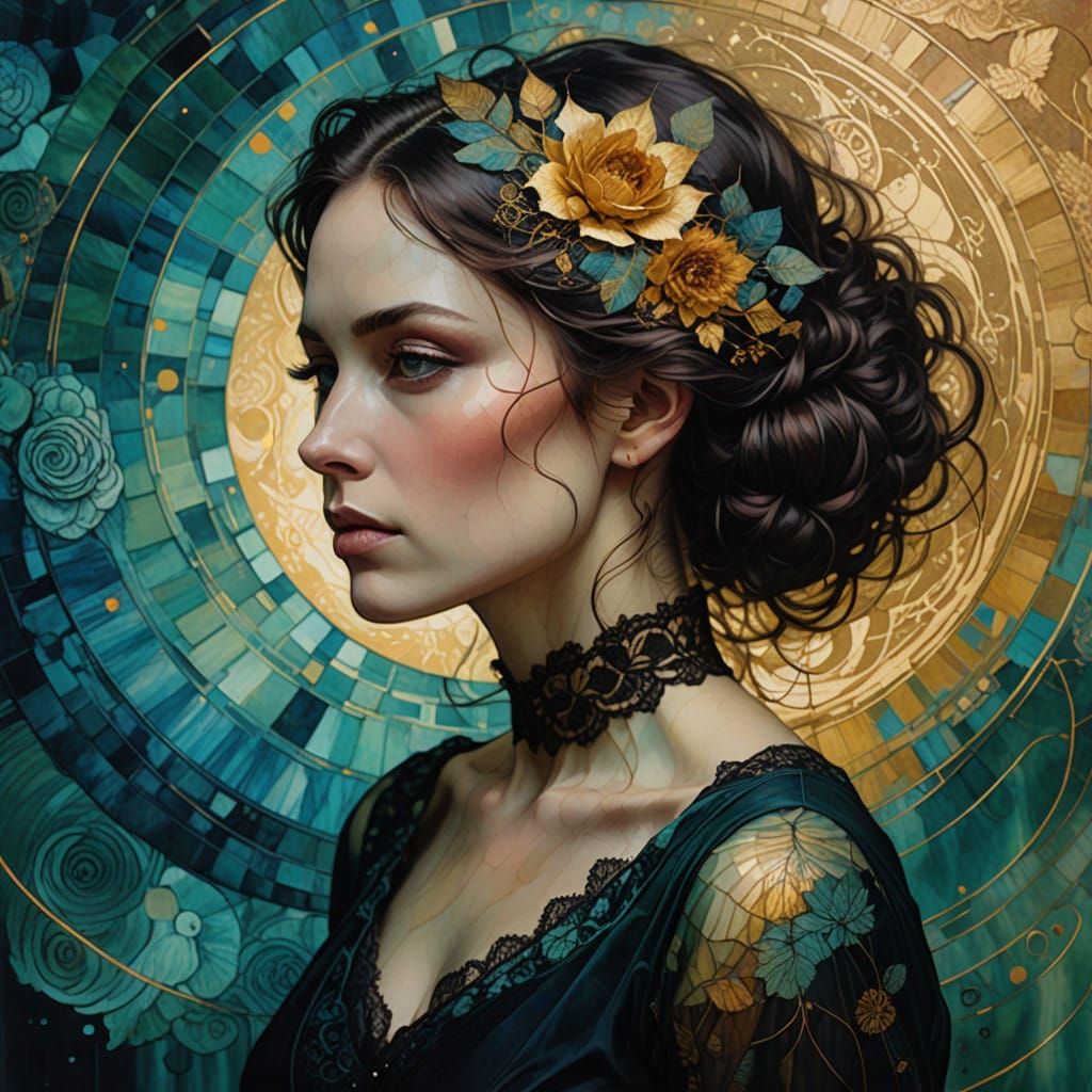 Encaustic Portrait in Swirling Dreamlike Background with Gol...