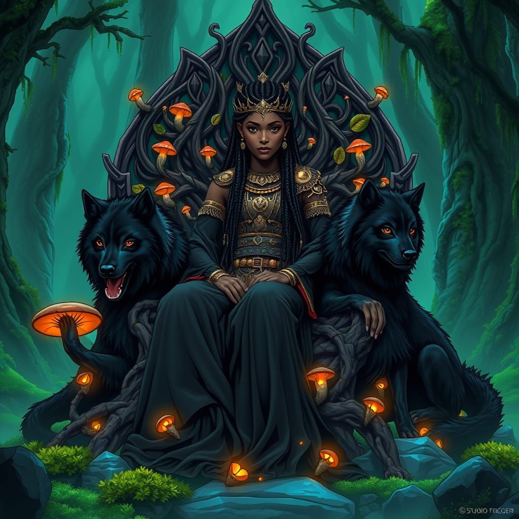 Dark Skinned Queen Amidst Bioluminescent Forest