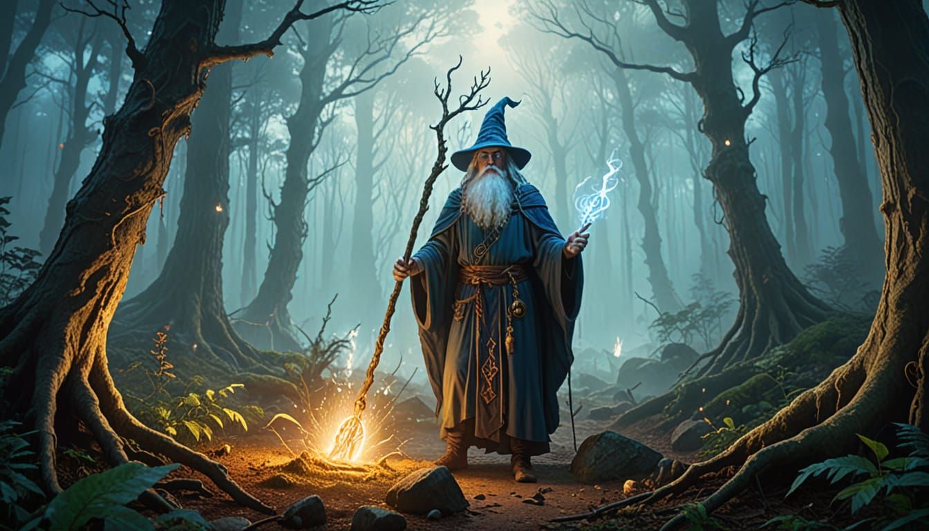 Sorcerer Invokes Spirits in Mystical Forest