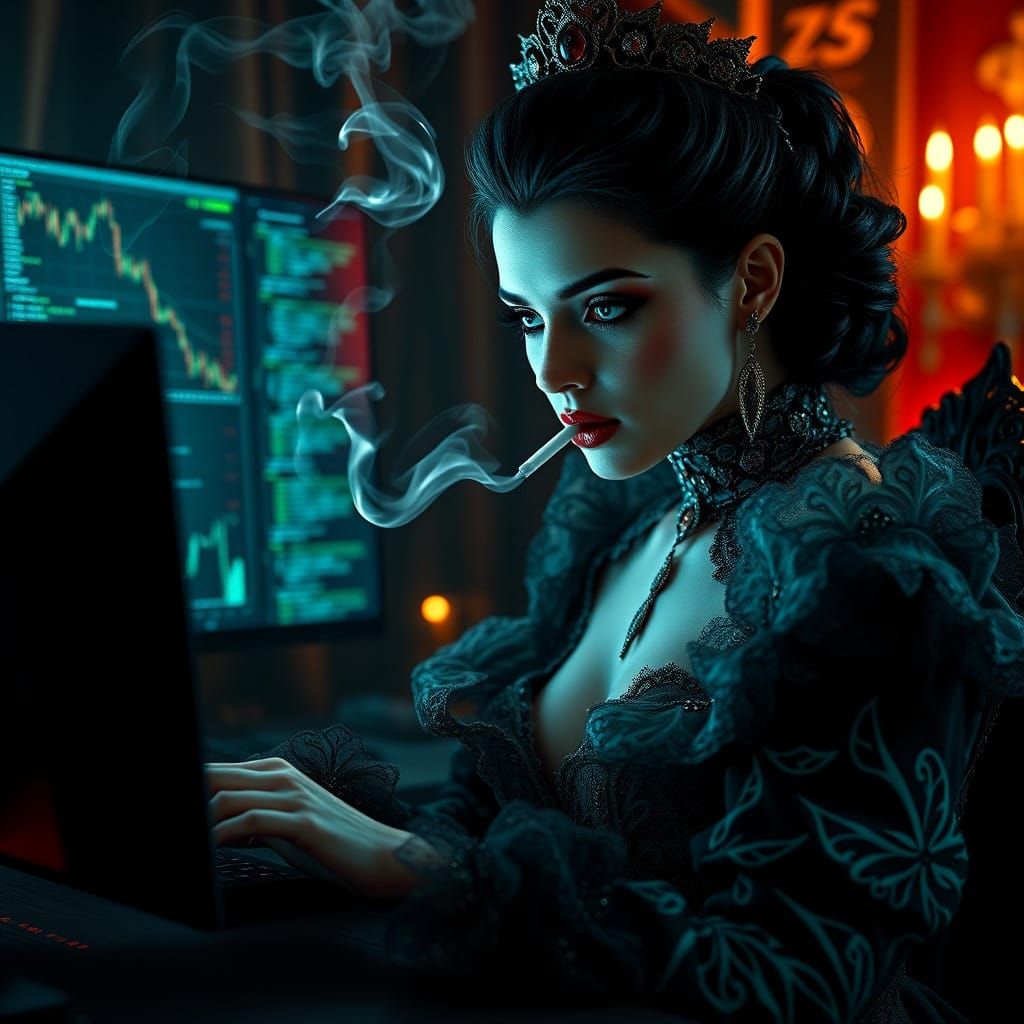 Hyperrealistic Vampire Queen in Victorian Gown, Smoking Ciga...