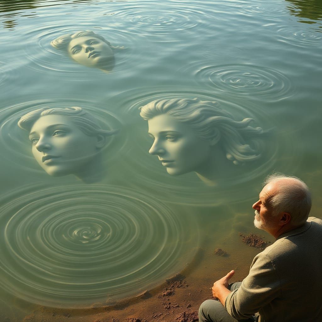 Serene Lake Reflecting Faces with Elderly Man