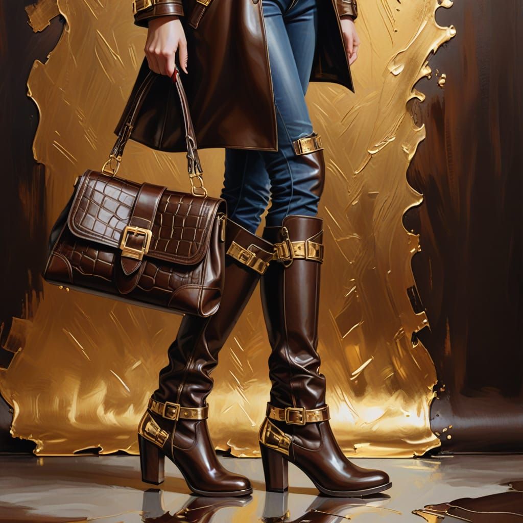 Elegant Chocolate Leather Boots and Handbag Illustration