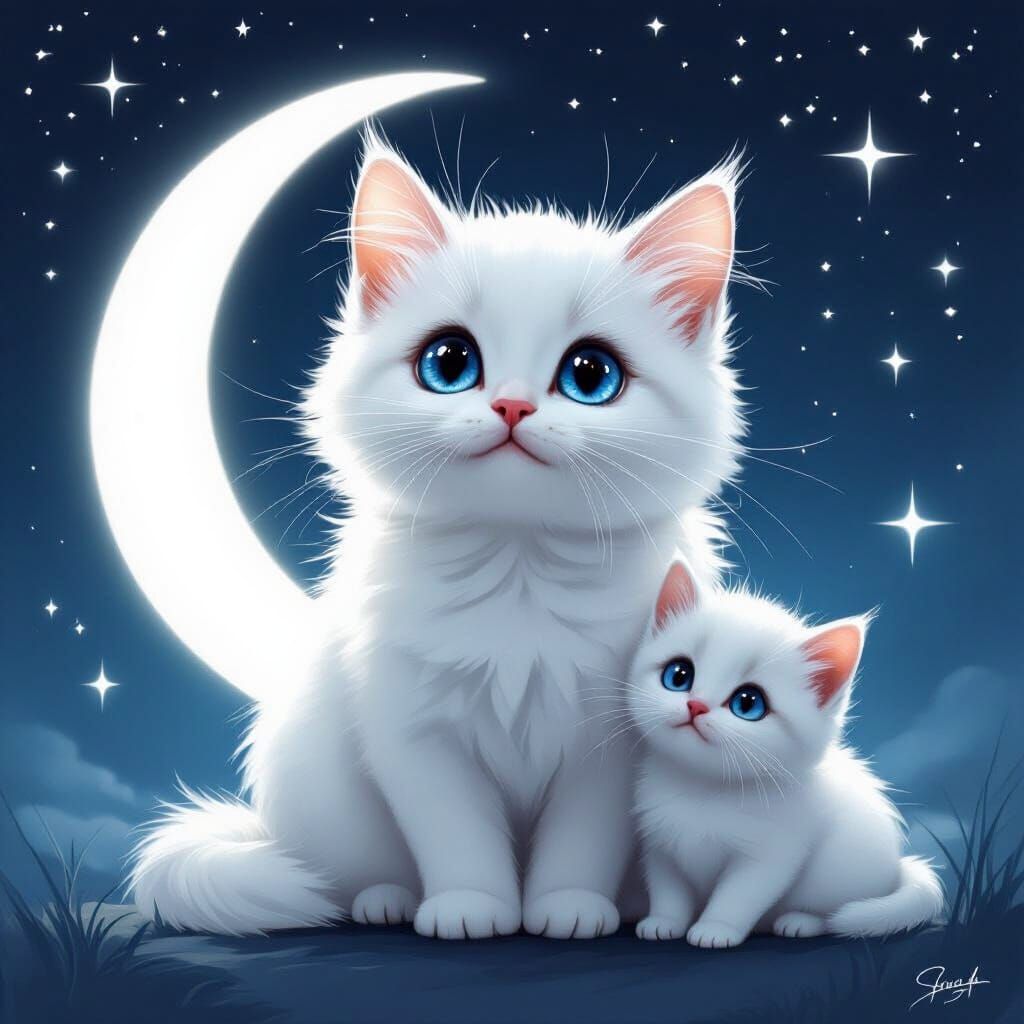 Adorable Munchkin Cat and Kitten Under Starry Night Sky