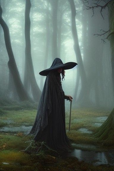 Fantasy Witch in Foggy Forest, Matte Painting