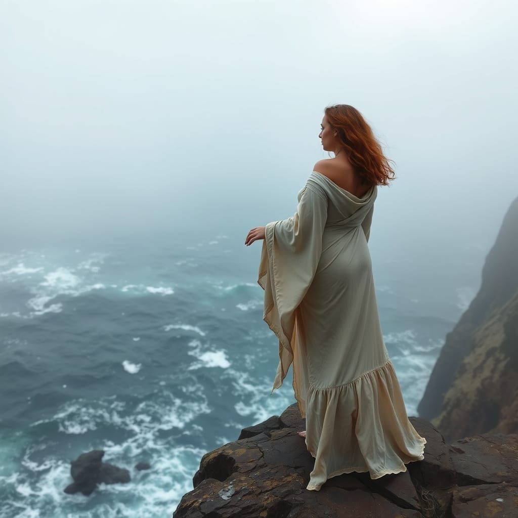 Woman on Cliff Overlooking Impressionistic Raging Sea
