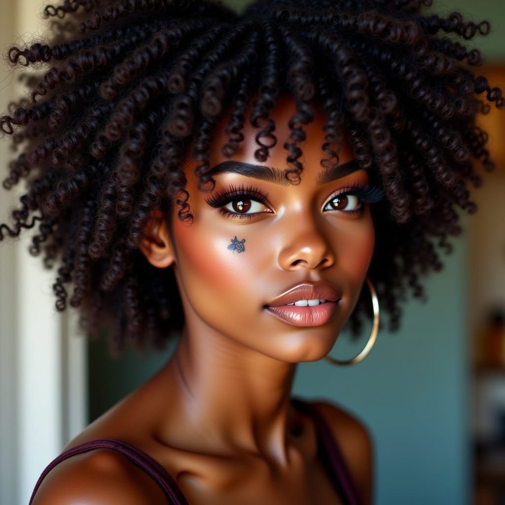 Afro Caribbean Woman Portrait with Rose Tattoo