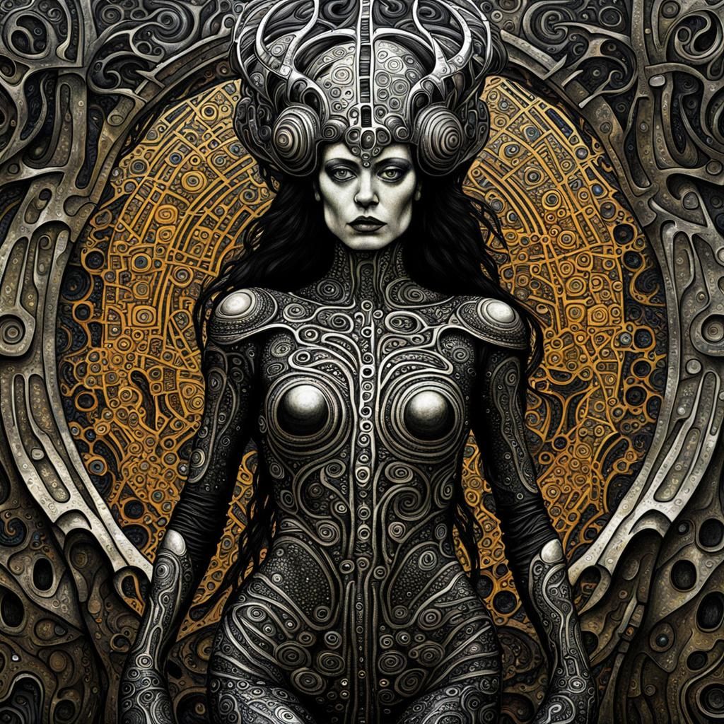 Armored Woman in Klimt and Giger Styles