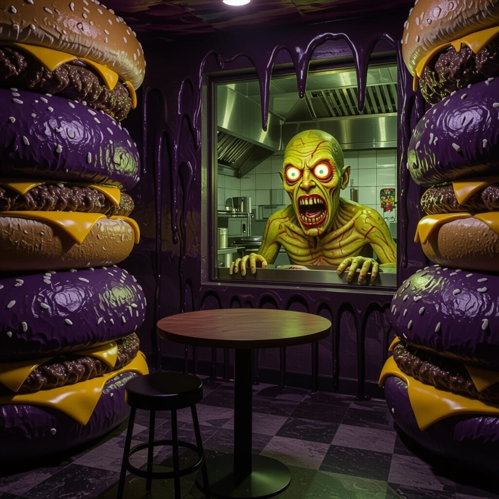 Surreal Hamburger Restaurant Interior with Creepy Kitchen Vi...