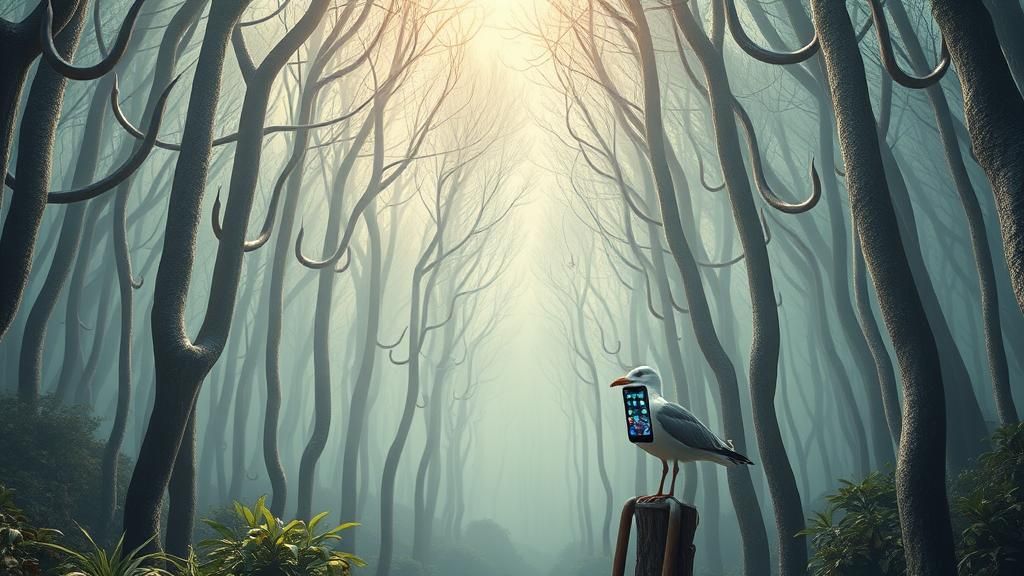 Surreal Metallic Forest with Glowing iPhones