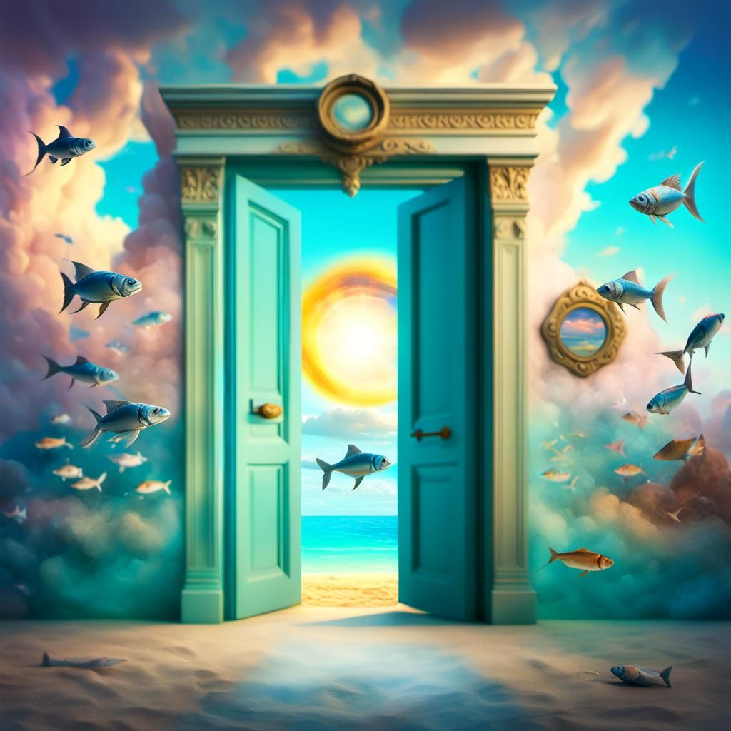 Surreal Pastel Portal with Flying Fish