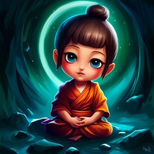 Adorable Chibi Buddhist Monk, Digital Art