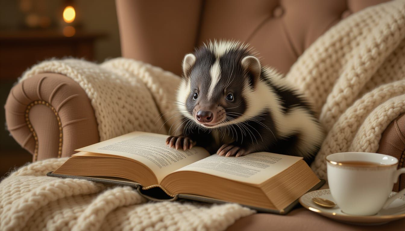 Skunk Reading Storybook in Cozy CGI Living Room