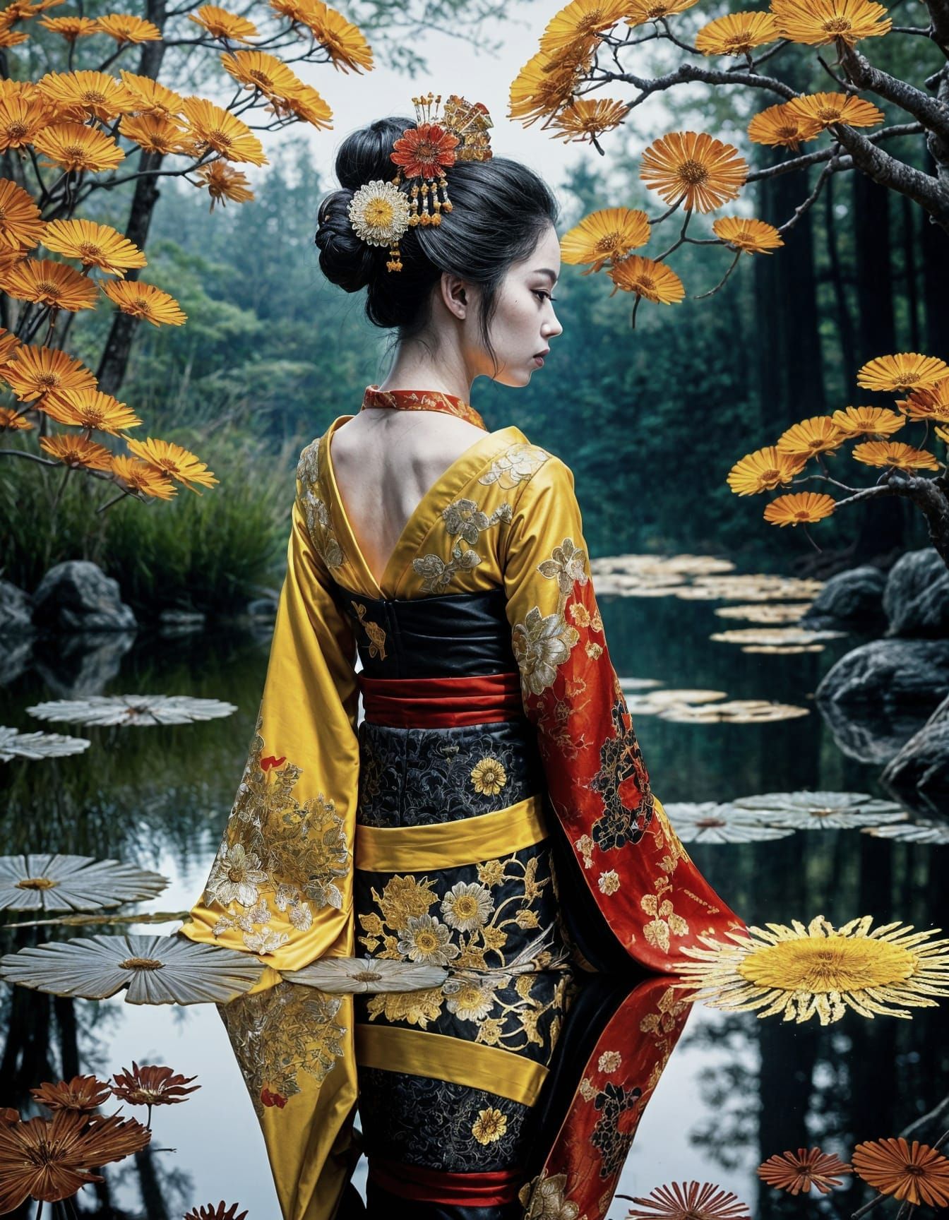Ornate Geisha Touching Mirrored Reflection in Lace Dress