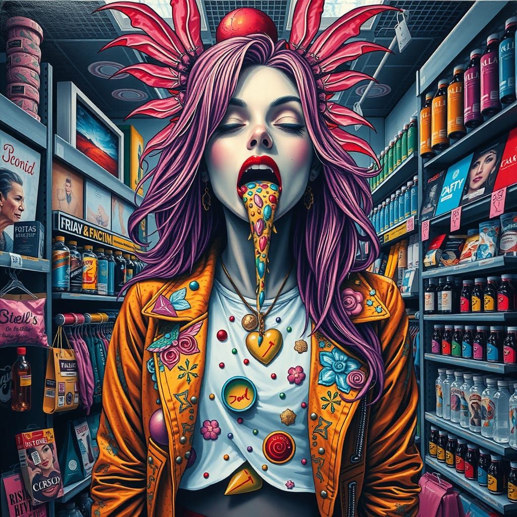 Woman Vomiting Pop Culture in Mixed Media Art