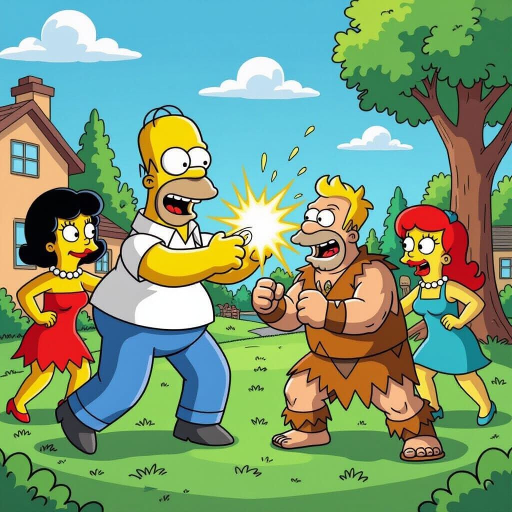 Homer Simpson Battles Barney Rubble with Family