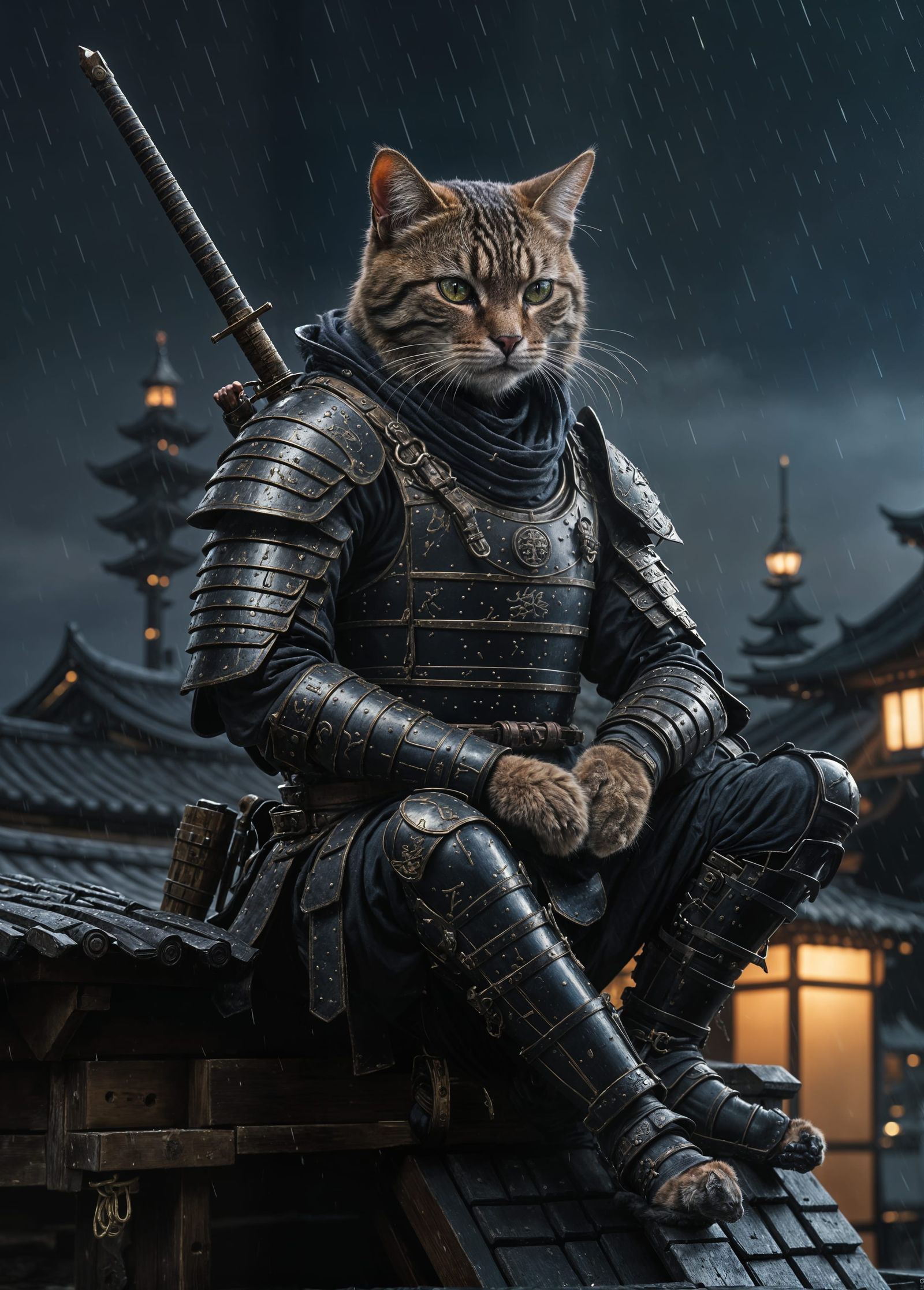 Samurai Cat Assassin in Cyberpunk Armor